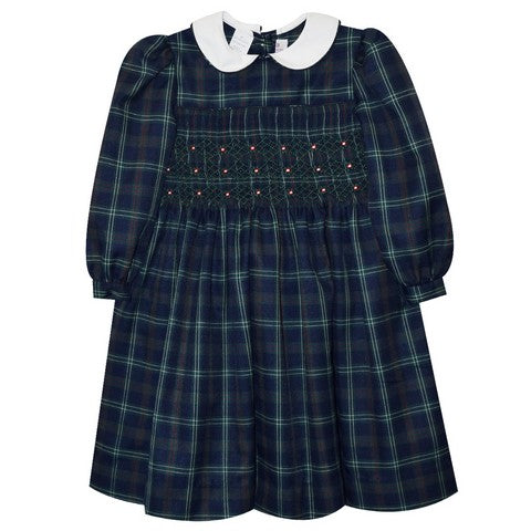 Geometric Smocked Navy and Red Plaid Dress Long Sleeve