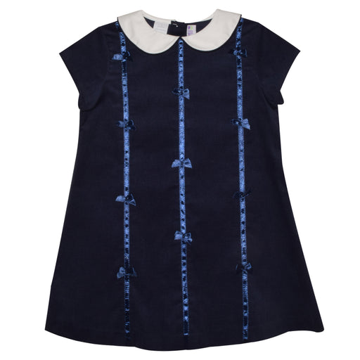 Navy Corduroy A Line Dress With Ribbons And Bows Short Sleeve