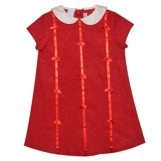 Red Corduroy With Ribbon and Bow A Line Dress Short Sleeve