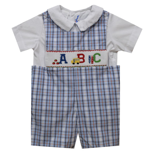 Back To School Smocked Navy White and Red Plaid Shortall and Short Sleeve Shirt - Vive La Fête - Online Apparel Store