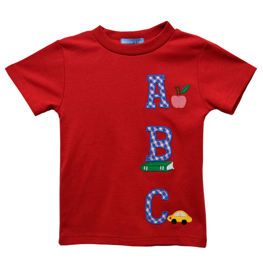 Back To School Applique Red Knit Short Sleeve Boys Tee Shirt