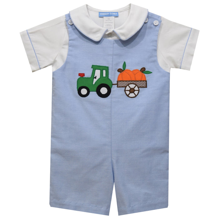 Tractor Pumpkin Applique Light Blue Chambray Boys Shortall and Shirt Short Sleeve - Vive La Fête - Online Apparel Store