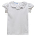 White Knit Short Sleeve Girls Scallop Ruffle Collar Blouse With White Picot