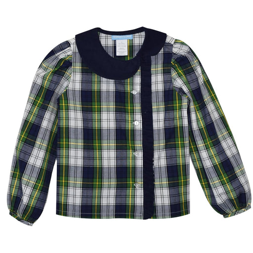 Navy and Green Plaid Girls Ruffle Blouse Long Sleeve