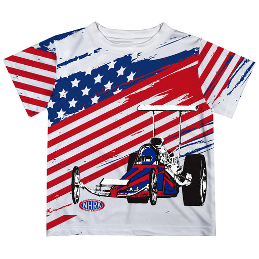 National Hot Rod Association US Flag Colors Dragracer NHRA Officially Licensed by Vive La Fete T-Shirt