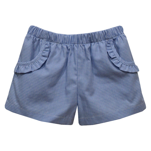 Blue Mini Check Girls Short With Ruffle Pockets