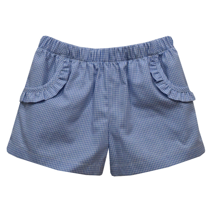 Blue Mini Check Girls Short With Ruffle Pockets