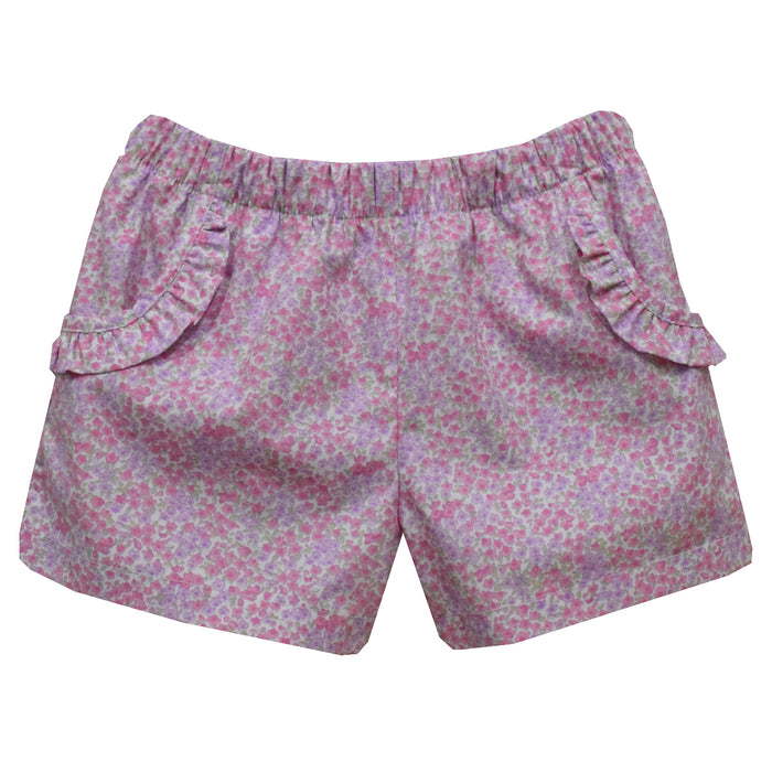 Pink and Purple Floral Girls Short With Ruffle Pockets