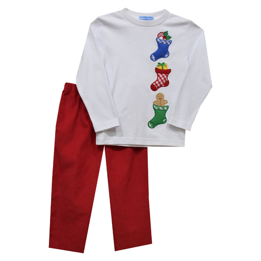 Christmas Stocking Applique Red Corduroy Long Sleeve Pant Set