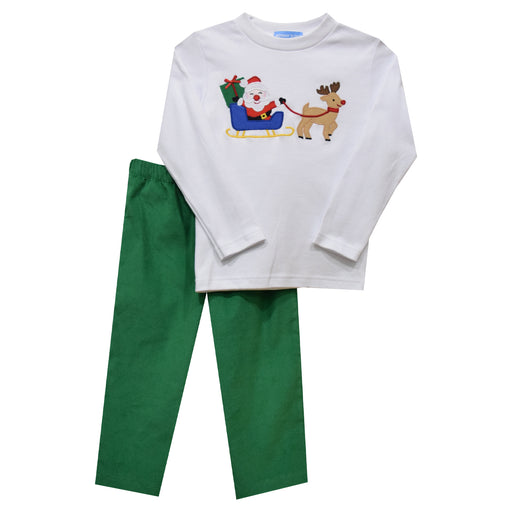 Santa Sleigh Applique Apple Green Corduroy Long Sleeve Pant Set - Vive La Fête - Online Apparel Store