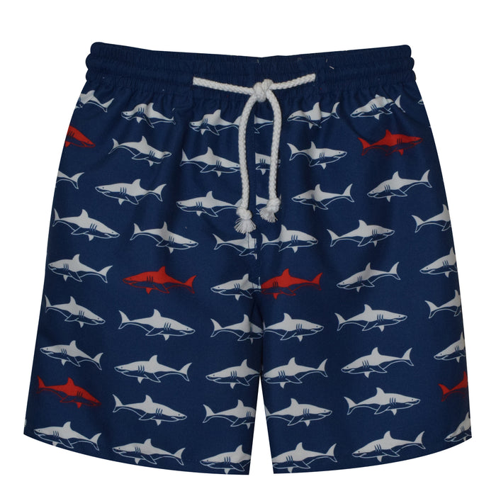 Sharks Print Navy And Waist Navy Swimtrunk - Vive La Fête - Online Apparel Store
