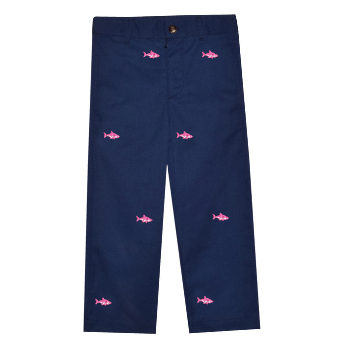 Shark Embroidered Navy Twill Structured Pants