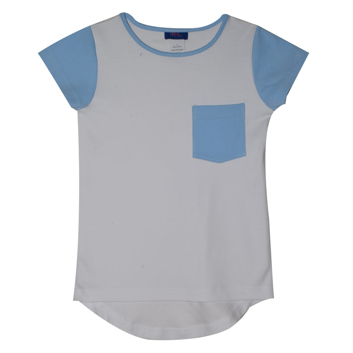White and Blue Knit Short Sleeve Girls Blouse With Pocket