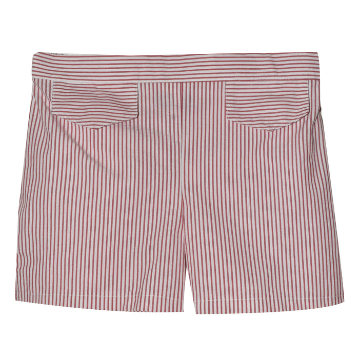 Red Stripe Seersucker Girls Short With Tabs