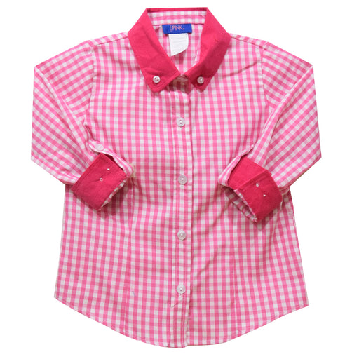 Pink Medium Check Girls Button Down Blouse 3/4 Sleeve