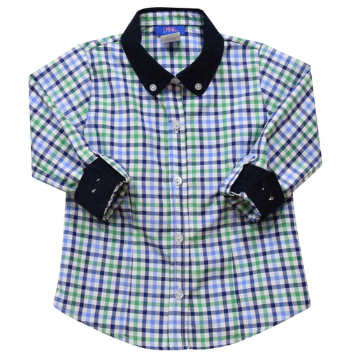 Blue and Green Plaid Girls Button Down Blouse 3/4 Sleeve
