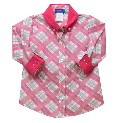 Pink and Gray Plaid Girls Button Down Blouse 3/4 Sleeve