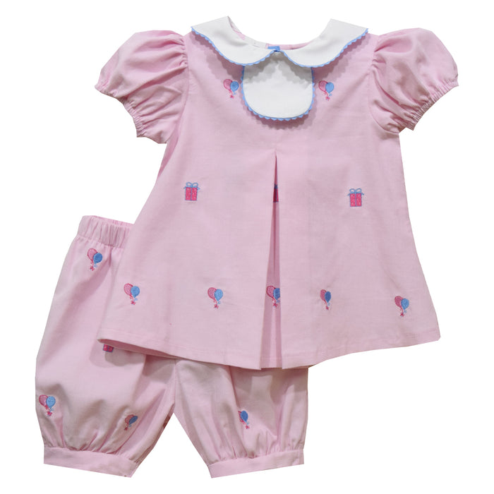 Birthday Embroidered Light Pink Corduroy Girls Short Set