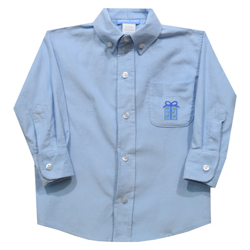 Birthday Embroidered Light Blue Corduroy Long Sleeve Button Down Shirt