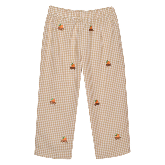Pumpkin Embroidered Khaki Check Boys Pull On Pant