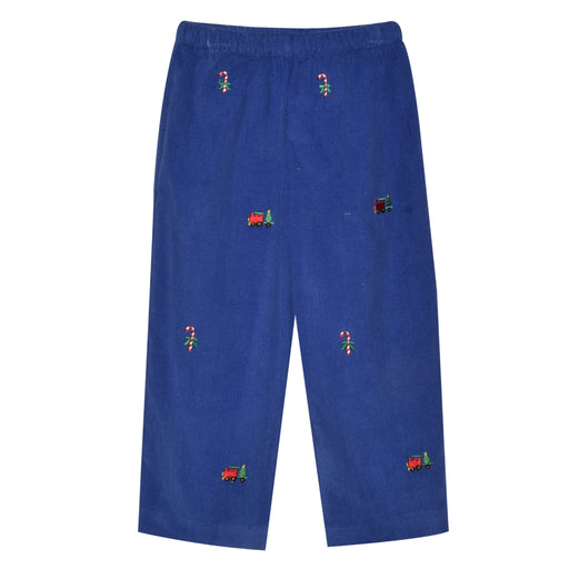 Christmas Train and Candy Embroidered Navy Corduroy Cane Boys Pull On Pant