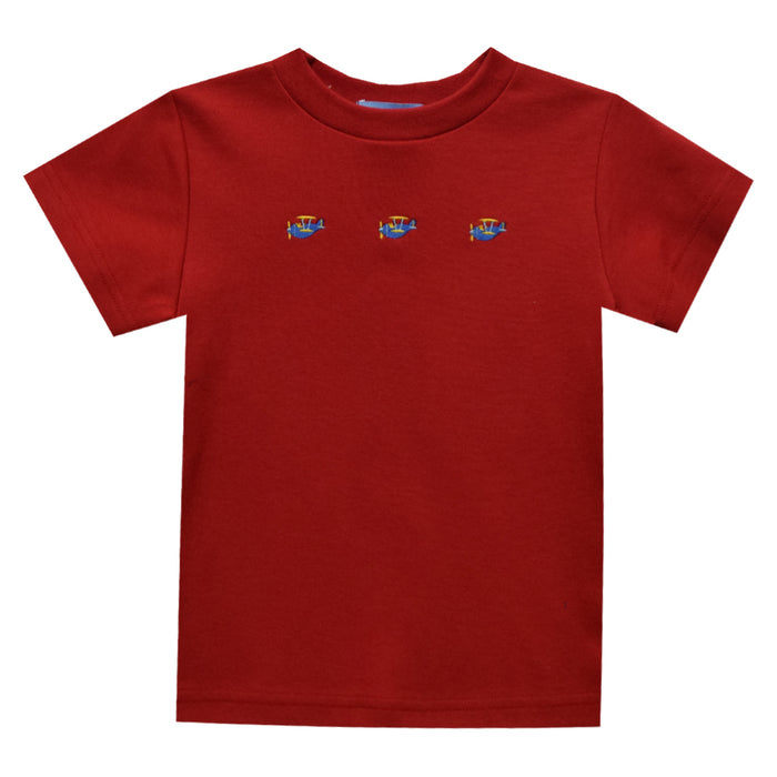 Airplane Embroidery Red Knit Short Sleeve Boys Tee Shirt