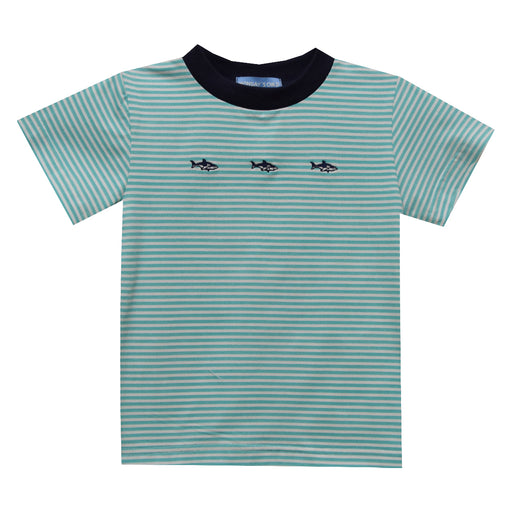 Shark Embroidery Aqua Stripe Knit Short Sleeve Boys Tee Shirt - Vive La Fête - Online Apparel Store