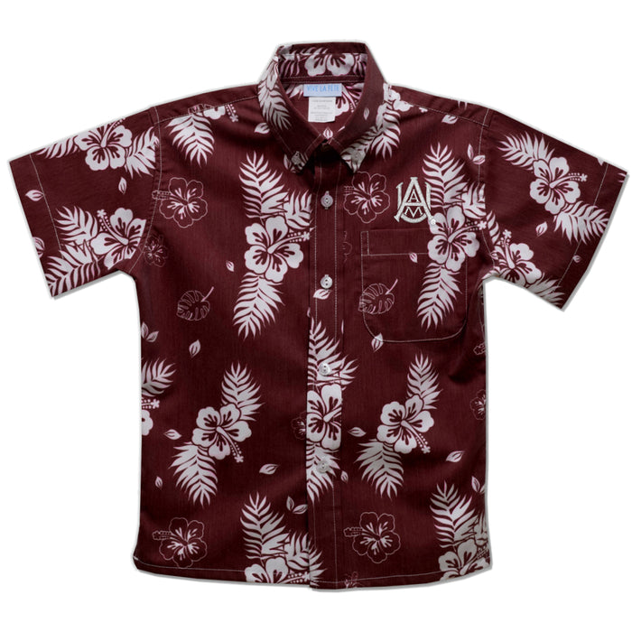 Alabama AM Bulldogs Maroon Hawaiian Short Sleeve Button Down Shirt