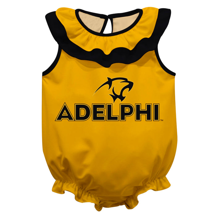 Adelphi Panthers Gold Sleeveless Ruffle Onesie Logo Bodysuit