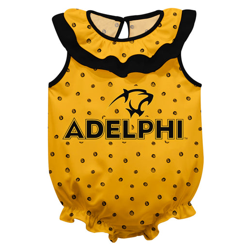 Adelphi Panthers Swirls Gold Sleeveless Ruffle Onesie Logo Bodysuit