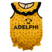 Adelphi Panthers Swirls Gold Sleeveless Ruffle Onesie Logo Bodysuit