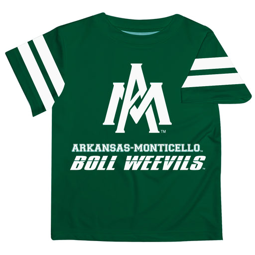 University of Arkansas Monticello Ball Weevils Vive La Fete Boys Game Day Green Short Sleeve Tee with Stripes on Sleeves - Vive La Fête - Online Apparel Store