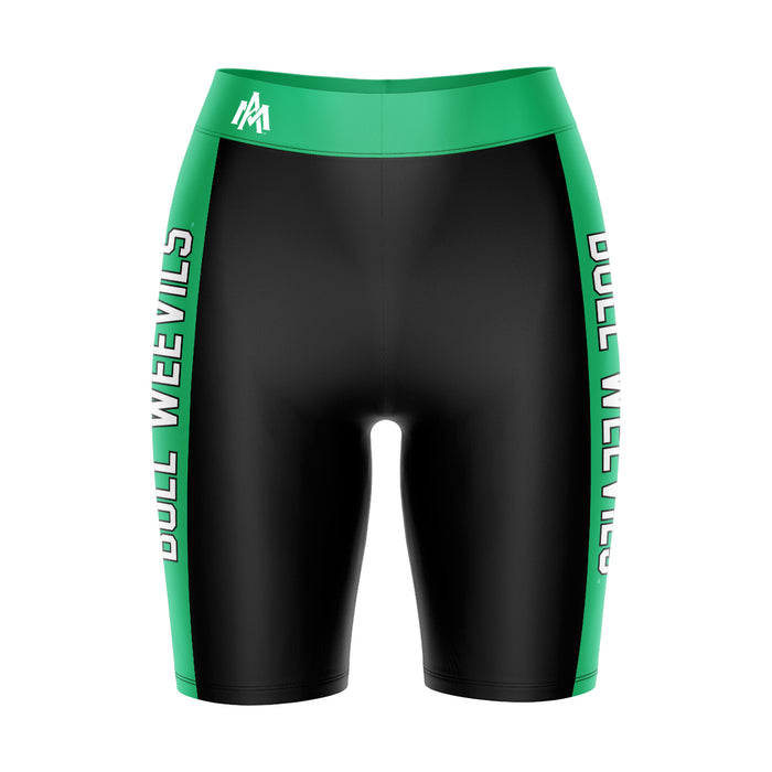 University of Arkansas Monticello Vive La Fete Logo on Waistband & Green Stripes Black Women Bike Short 9 Inseam"