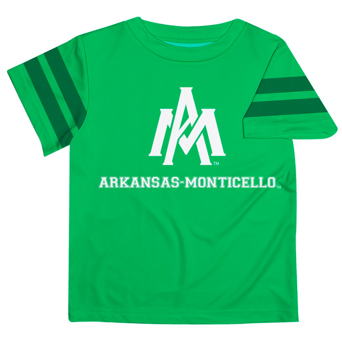 University of Arkansas Monticello Boll Weevils Vive La Fete Boys Game Day Green Short Sleeve Tee with Stripes on Sleeves