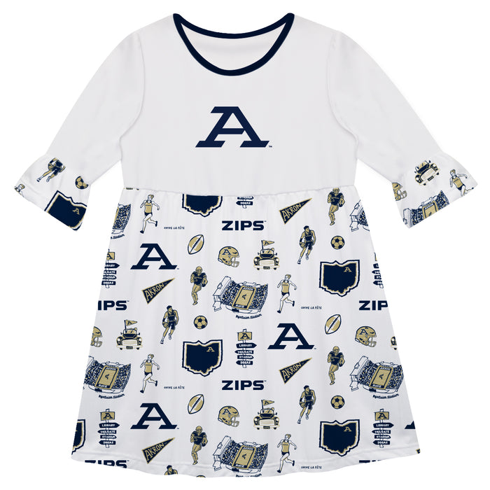 Akron Zips 3/4 Sleeve Solid White Repeat Print Hand Sketched Vive La Fete Impressions Artwork on Skirt