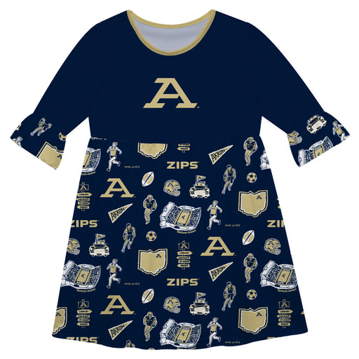 Akron Zips 3/4 Sleeve Solid Blue Repeat Print Hand Sketched Vive La Fete Impressions Artwork on Skirt