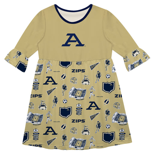 Akron Zips 3/4 Sleeve Solid Gold Repeat Print Hand Sketched Vive La Fete Impressions Artwork on Skirt
