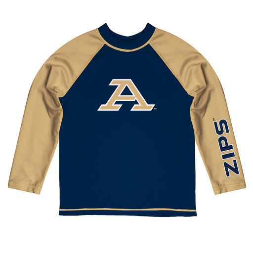 Akron Zips Vive La Fete Logo Blue Gold Long Sleeve Raglan Rashguard