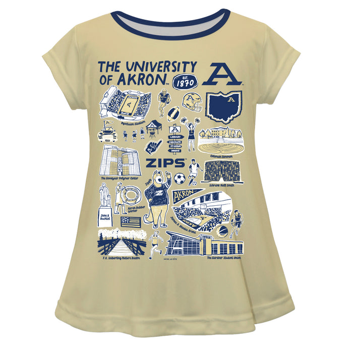 Akron Zips Hand Sketched Vive La Fete Impressions Artwork Gold Short Sleeve Top
