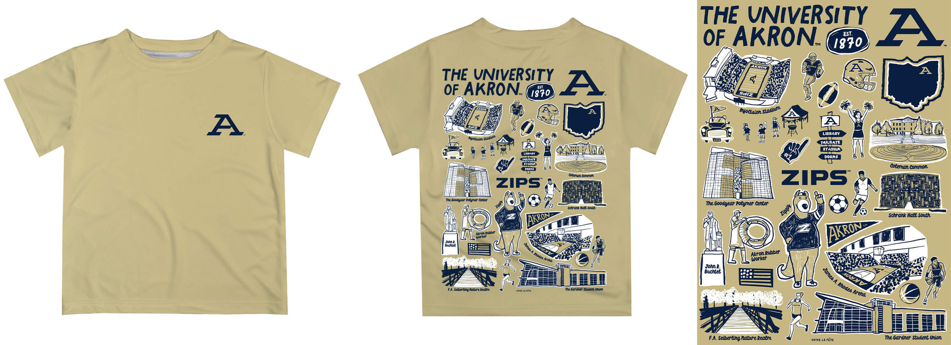 Akron Zips Hand Sketched Vive La Fete Impressions Artwork Boys Gold Short Sleeve Tee Shirt - Vive La Fête - Online Apparel Store