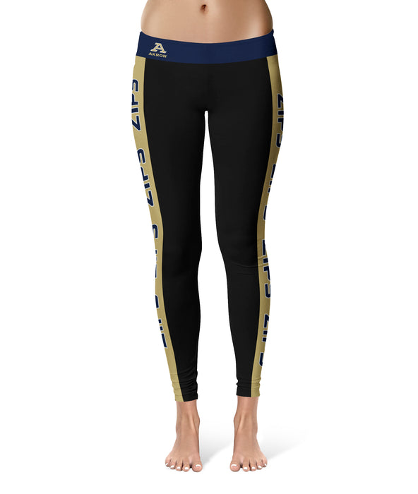 Akron Zips Vive La Fete Game Day Collegiate Gold Stripes Women Black Yoga Leggings 2 Waist Tights