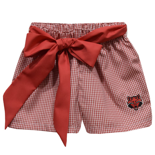 Arkansas State Red Wolves Embroidered Red Gingham Girls Short with Sash
