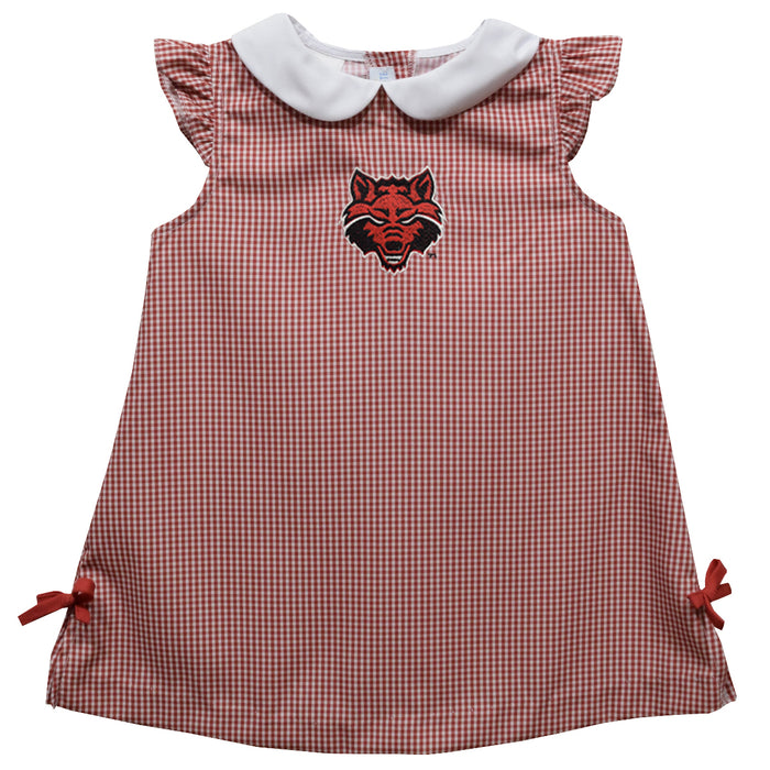 Arkansas State Red Wolves Embroidered Red Gingham A Line Dress