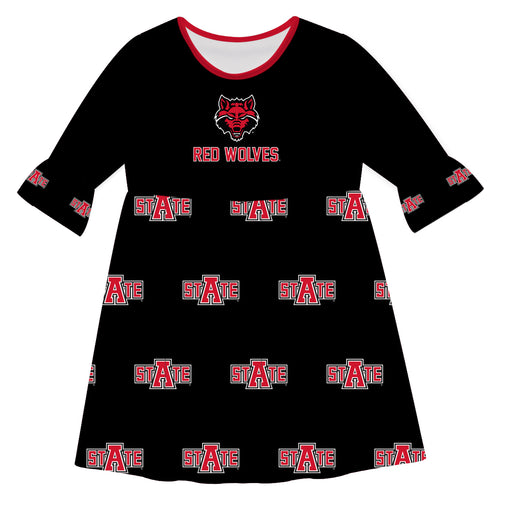 Arkansas State Red Wolves Vive La Fete Girls Game Day 3/4 Sleeve Solid Black All Over Logo on Skirt
