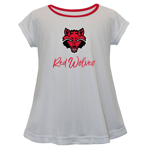 Arkansas State Red Wolves Vive La Fete Girls Game Day Short Sleeve White Top with School Logo and Name