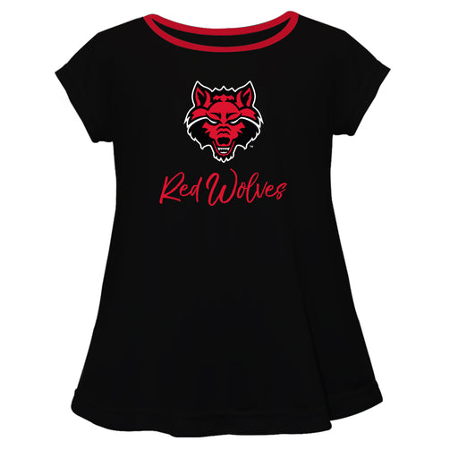 Arkansas State Red Wolves Vive La Fete Girls Game Day Short Sleeve Black Top with School Logo and Name