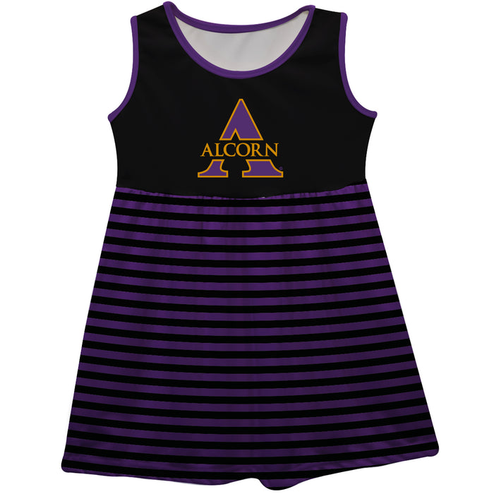 Alcorn State University Braves Vive La Fete Girls Game Day Sleeveless Tank Dress Solid Black Logo Stripes on Skirt - Vive La Fête - Online Apparel Store
