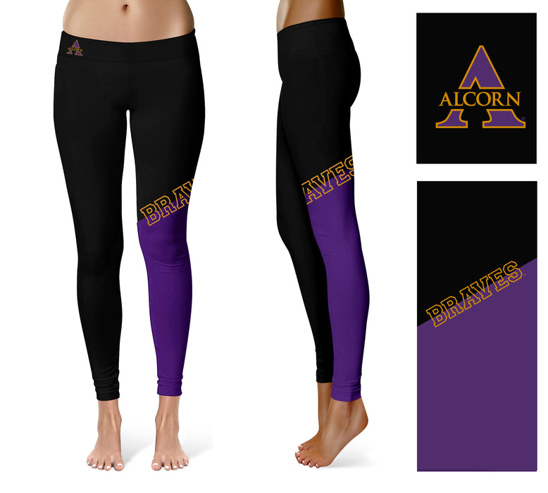 Alcorn State Braves ASU Vive la Fete Game Day Collegiate Leg Color Block Women's Black Purple Yoga Leggings - Vive La Fête - Online Apparel Store