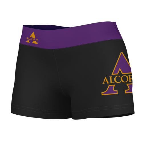 Alcorn State Braves ASU Vive La Fete Logo on Thigh & Waistband Black & Purple Women Booty Workout Shorts 3.75 Inseam"