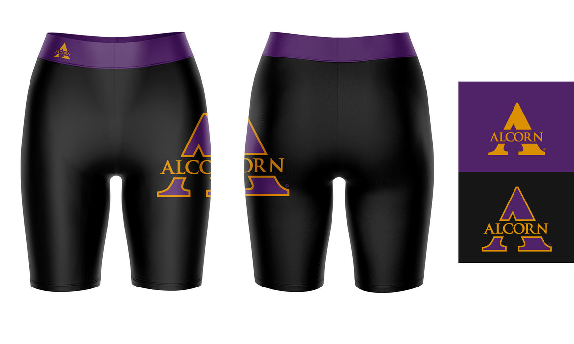Alcorn State Braves ASU Vive La Fete Game Day Logo on Thigh and Waistband Black and Purple Women Bike Short 9 Inseam" - Vive La Fête - Online Apparel Store